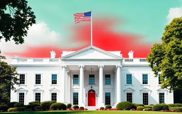 A vibrant 4K Ultra HD image of the White House, featuring its iconic architecture and an American flag waving against a colorful sky. Ideal for a desktop wallpaper or background.