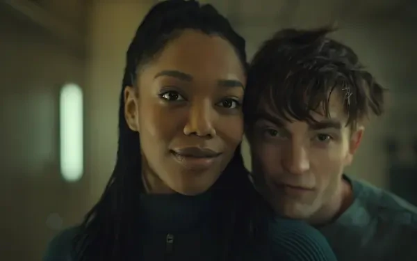 Robert Pattinson and Naomi Ackie share a moment in this HD desktop wallpaper from the movie Mickey 17 (2025), showcasing a captivating connection between their characters.
