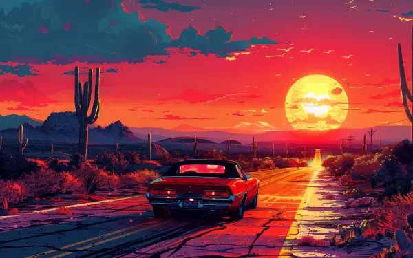A retro vehicle drives along a cracked road under a vibrant sunset, surrounded by cacti and mountains, capturing a maximalist artistic style. Ideal as a colorful HD desktop wallpaper.