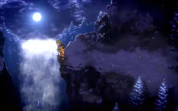 A captivating HD wallpaper from Suikoden I&II HD Remaster, depicting a character on a cliff beside a waterfall under a moonlit sky, evoking the essence of the Gate Rune and Dunan Unification Wars.