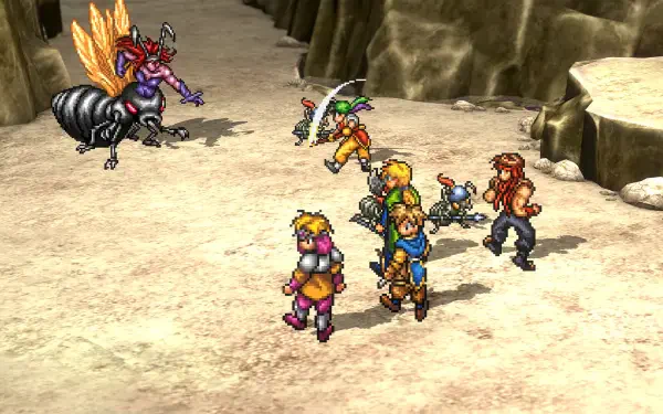 HD wallpaper from Suikoden I&II HD Remaster, depicting characters preparing for battle against a formidable enemy in a dynamic fantasy landscape.