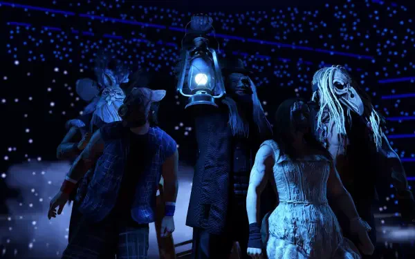 A dramatic scene from WWE 2K25, featuring characters in dark attire, illuminated by a glowing lantern, set against a starry background, making for an enchanting HD wallpaper.