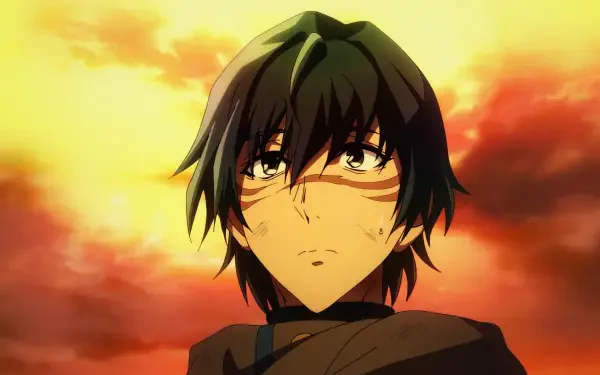 A character from the anime A Returner's Magic Should Be Special gazes intently against a vibrant sunset backdrop. This HD image serves as a striking desktop wallpaper.