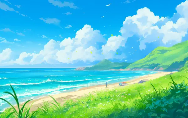 A vibrant anime-style landscape featuring a sunny beach, lush green hills, and a clear blue sky, perfect for summer-themed HD desktop wallpaper.