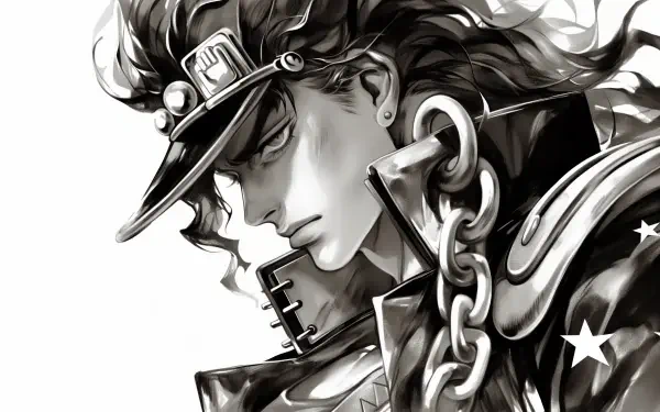 Jotaro Kujo from Jojo's Bizarre Adventure, depicted in a striking black and white manga style. This HD image serves as a captivating desktop wallpaper and background.