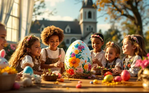 A cheerful scene of children decorating a large, colorful Easter egg outdoors, surrounded by pastel eggs and a charming backdrop, captured in stunning 4K Ultra HD for a vibrant desktop wallpaper.