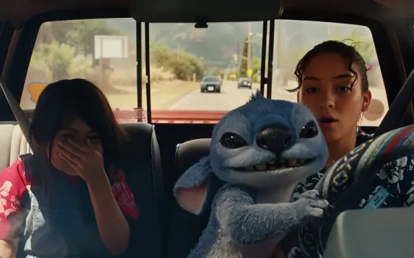A scene from the movie Lilo & Stitch (2025), featuring a young girl and a character resembling Stitch in a car, set against a colorful backdrop and a feeling of adventure.
