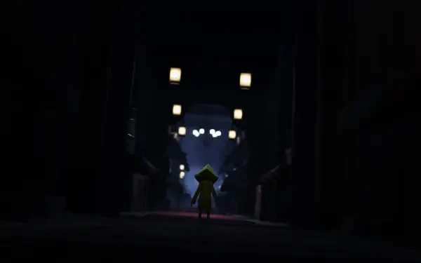 A dark and atmospheric HD wallpaper featuring Six from Little Nightmares, standing alone in a narrow alley illuminated by glowing lanterns.