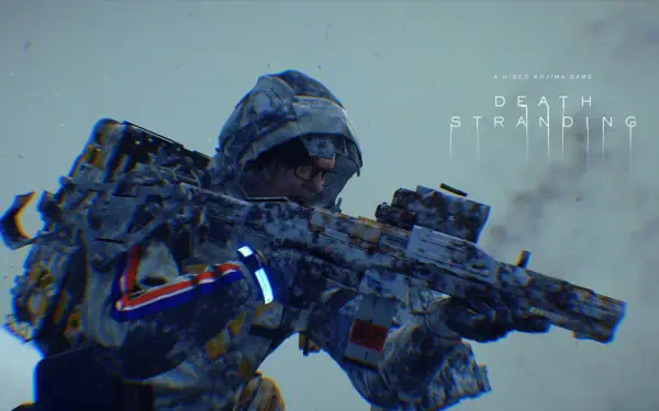 A character from Death Stranding 2: On The Beach aims a weapon in a striking 4K Ultra HD image, showcasing the game's atmospheric and detailed visuals.