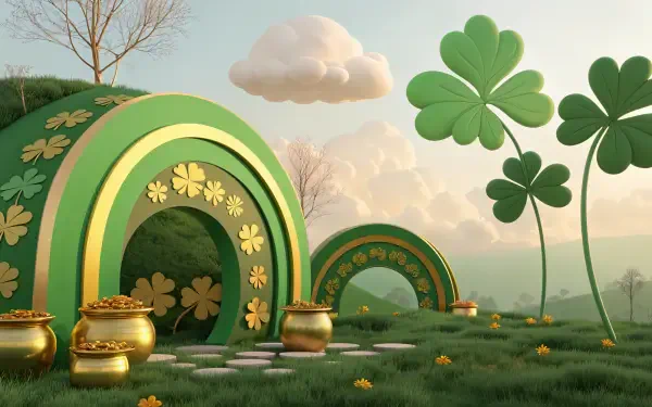 St. Patrick's Day themed 4K Ultra HD desktop wallpaper featuring lush green hills, golden pots, and oversized shamrocks under a bright sky. A vibrant celebration of Irish culture.