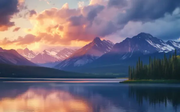 HD desktop wallpaper of a North American mountain landscape at sunset, with snow-capped peaks reflecting in a calm lake surrounded by forested shores.