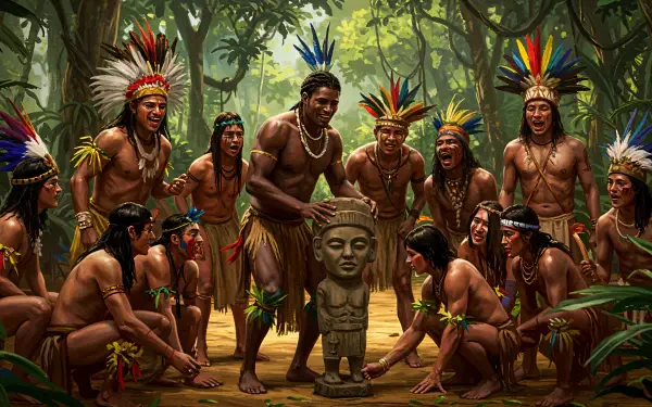 A vibrant tribal scene featuring a group of individuals in traditional attire, gathered around a stone statue in a lush jungle setting. This 4K Ultra HD wallpaper captures rich cultural heritage.