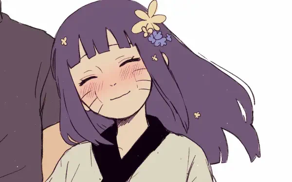 An HD desktop wallpaper featuring Hinata Hyuga, a character with purple hair and a cheerful smile, adorned with flowers, embodying a warm and friendly presence.