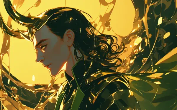 A stunning HD wallpaper featuring Loki from Marvel Comics, showcasing the character's profile against a vibrant yellow and green background, blending mystical elements and intricate details.