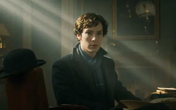A scene from the TV series Sherlock, featuring the main character sitting in a dimly lit room, with light streaming through and a hat on the nearby chair. Captured in 4K Ultra HD.