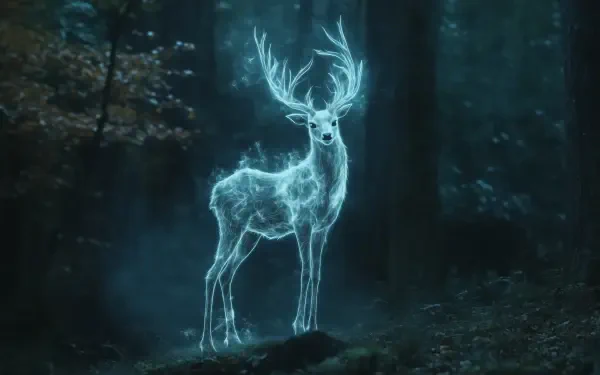 A luminous deer Patronus from the Harry Potter series stands in a mystical forest, offering a captivating HD desktop wallpaper experience.