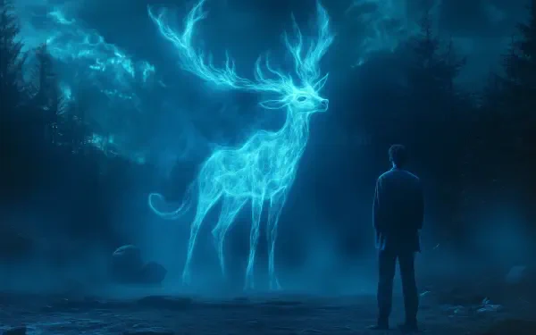 A magical scene from Harry Potter featuring a glowing Patronus in the shape of a stag, set against a mystical, dark landscape. This HD wallpaper captures enchanting fantasy elements.