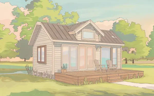 A charming tiny house with a wooden deck and large windows, surrounded by greenery, captured in a serene, pastel-toned illustration, perfect for a 4K Ultra HD desktop wallpaper.