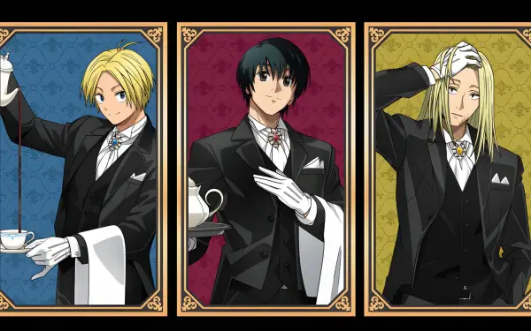 HD anime desktop wallpaper featuring three characters from Sakamoto Days dressed in formal black suits, each framed with a distinct colored background.