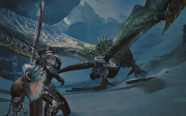 A warrior faces a massive dragon in a snowy landscape from Monster Hunter, depicted in a vibrant HD PC desktop wallpaper, showcasing intense gameplay and stunning graphics.