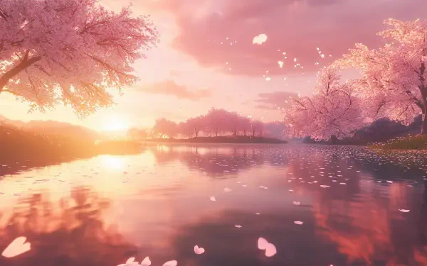 A serene landscape featuring cherry blossoms (sakura) at sunset, reflecting beautifully in the water, creating a tranquil atmosphere. Ideal for use as a HD desktop wallpaper.