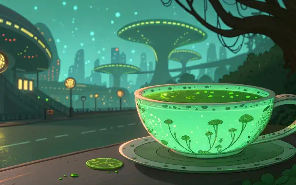 A vibrant, glowing cup of tea sits on a plate, surrounded by a futuristic urban landscape with floating structures and a serene night sky, presented as a 4K Ultra HD desktop wallpaper.