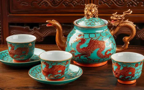 A stunning 4K Ultra HD wallpaper featuring a beautifully crafted tea set with a dragon design, complete with an ornate teapot and matching cups on a wooden table.