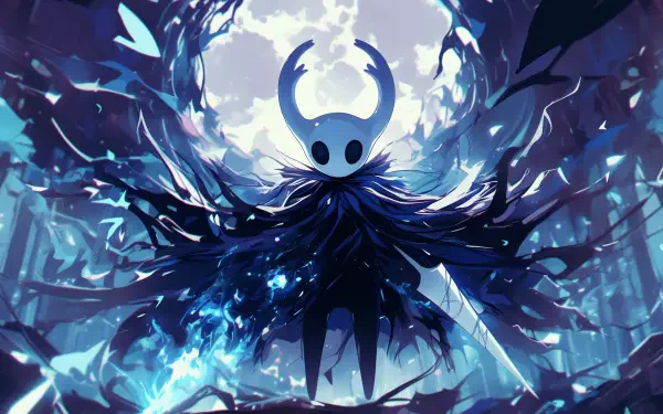 A captivating HD wallpaper featuring a character from the video game Hollow Knight: Silksong, enveloped in a mystical blue aura against a dramatic background.