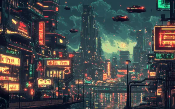 Vibrant pixel art depicting a cyberpunk futuristic city, featuring neon lights and flying vehicles, set against a moody sky and reflecting in the water below.