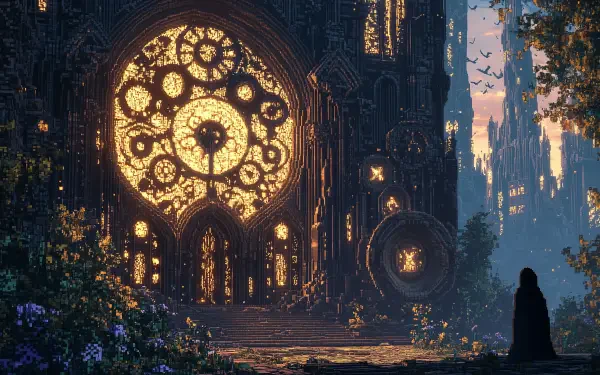 Pixel art fantasy scene featuring intricate, glowing clockwork architecture with towering spires and a lone figure overlooking a mystical landscape, rendered in HD detail.