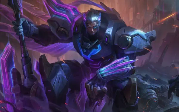 A dynamic 8K Ultra HD wallpaper featuring Darius from League of Legends, showcasing his fierce presence and powerful armor against an intense, colorful backdrop.
