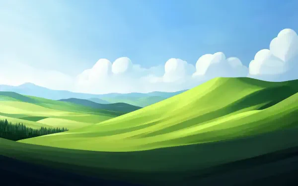 A vibrant landscape featuring rolling green hills under a clear blue sky, complemented by fluffy clouds, reminiscent of a classic Windows XP desktop wallpaper.