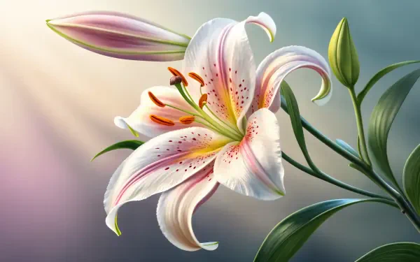 A vibrant, close-up image of a white lily with pink accents and green leaves, set against a softly blurred background, designed as a stunning 4K Ultra HD desktop wallpaper.