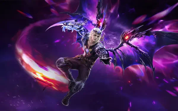 A dynamic 4K Ultra HD wallpaper from Naraka: Bladepoint featuring a character wielding weapons with vibrant purple and fiery effects in the background.