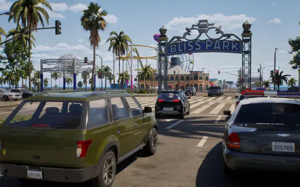 A vibrant HD PC desktop wallpaper showcasing a busy street scene at Bliss Park, featuring palm trees, colorful attractions, and parked cars, all set in a lively video game environment.