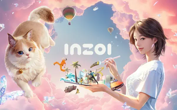 A vibrant HD desktop wallpaper featuring a whimsical scene with a woman and a cat, surrounded by flying objects and dreamy clouds, branded with inZOI.