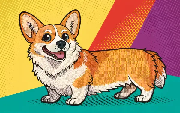 A vibrant illustration of a smiling corgi against a colorful background, designed as a 4K Ultra HD PC desktop wallpaper and background.