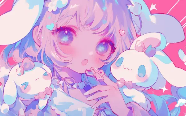 A vibrant HD anime wallpaper featuring a cute anime girl with sparkling eyes, surrounded by Cinnamoroll characters, set against a bright, playful background.