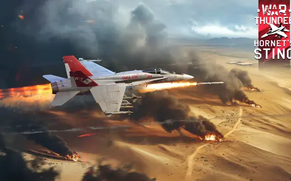 A dramatic 4K Ultra HD wallpaper featuring a fighter jet from War Thunder, soaring above a smoky battlefield with fiery explosions, showcasing intense aerial combat action.