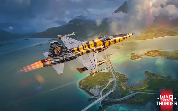 A striking 4K Ultra HD wallpaper featuring an aircraft from War Thunder soaring above a vibrant landscape, showcasing dramatic clouds and colorful waters below.