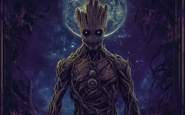 Artistic HD wallpaper featuring Groot from Marvel Comics, set against a mystical night sky with a full moon, showcasing intricate details and vibrant colors.