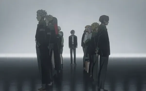 Anime Wind Breaker 4K Ultra HD PC desktop wallpaper: lone figure centered with two opposing groups on a reflective floor beneath soft gray light, moody minimalist background.