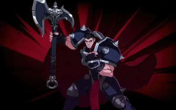 Darius from League of Legends stands ready for battle, wielding a massive axe against a dramatic red backdrop, captured in stunning 4K Ultra HD for a striking video game wallpaper.