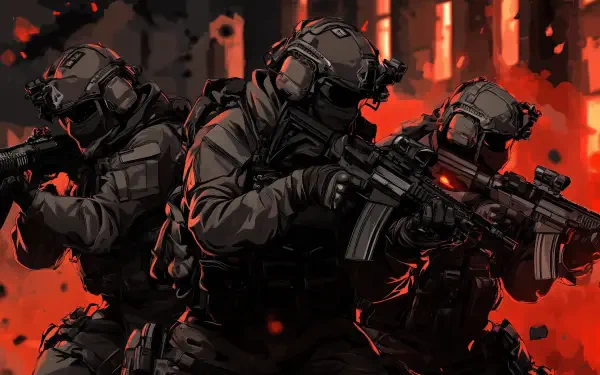 HD wallpaper featuring soldiers in a black and red color scheme from the video game Call of Duty, showcasing intense action with tactical gear and weapons.