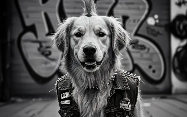 A golden retriever with a punk-inspired look, featuring a spiked vest and a mohawk, poses confidently against a colorful graffiti background. This image serves as a vibrant 4K Ultra HD desktop wallpaper.