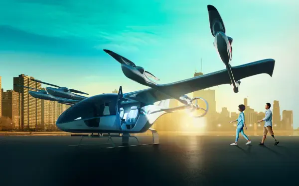 A futuristic eVTOL flying taxi stands ready for takeoff against a vibrant city skyline, showcasing advancement in urban transportation technology. HD desktop wallpaper.