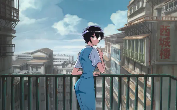 Anime wallpaper: Reiko Kujirai in a blue dress stands on a balcony overlooking a dense Kowloon-style cityscape under a cloudy sky — KOWLOON GENERIC ROMANCE, 4K Ultra HD PC Desktop Wallpaper Background