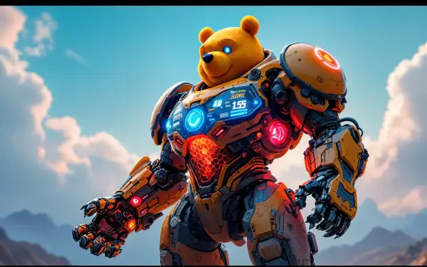 A vibrant 4K Ultra HD desktop wallpaper featuring a robotic bear with a Winnie the Pooh head, equipped with colorful lights and armor against a scenic sky backdrop.