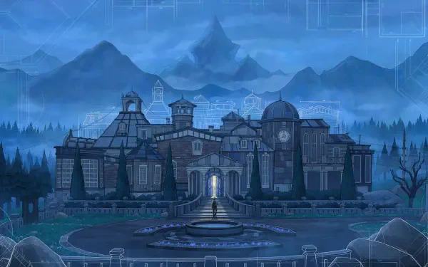 A captivating HD wallpaper featuring a mysterious mansion surrounded by mountains, inspired by the video game Blue Prince, set in a twilight atmosphere.