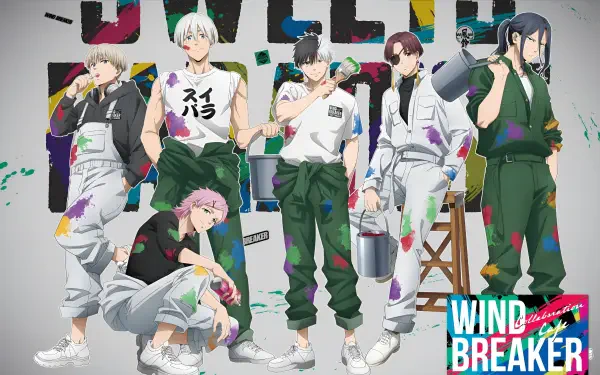 HD PC desktop wallpaper featuring the anime Wind Breaker with seven characters in casual, sporty outfits against a colorful, stylized background.